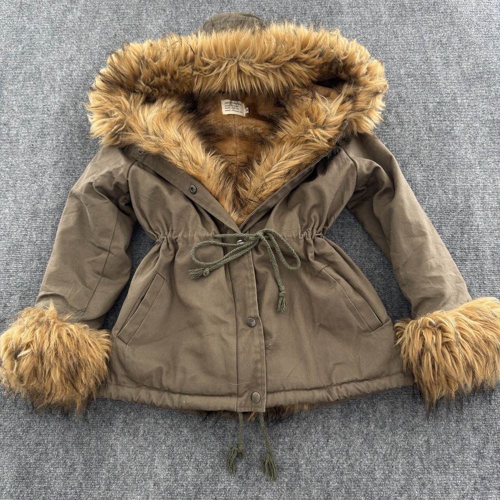 Women's Y2K Olive Green ASA Fashion Faux Fur Trim Hooded Parka Jacket Size M